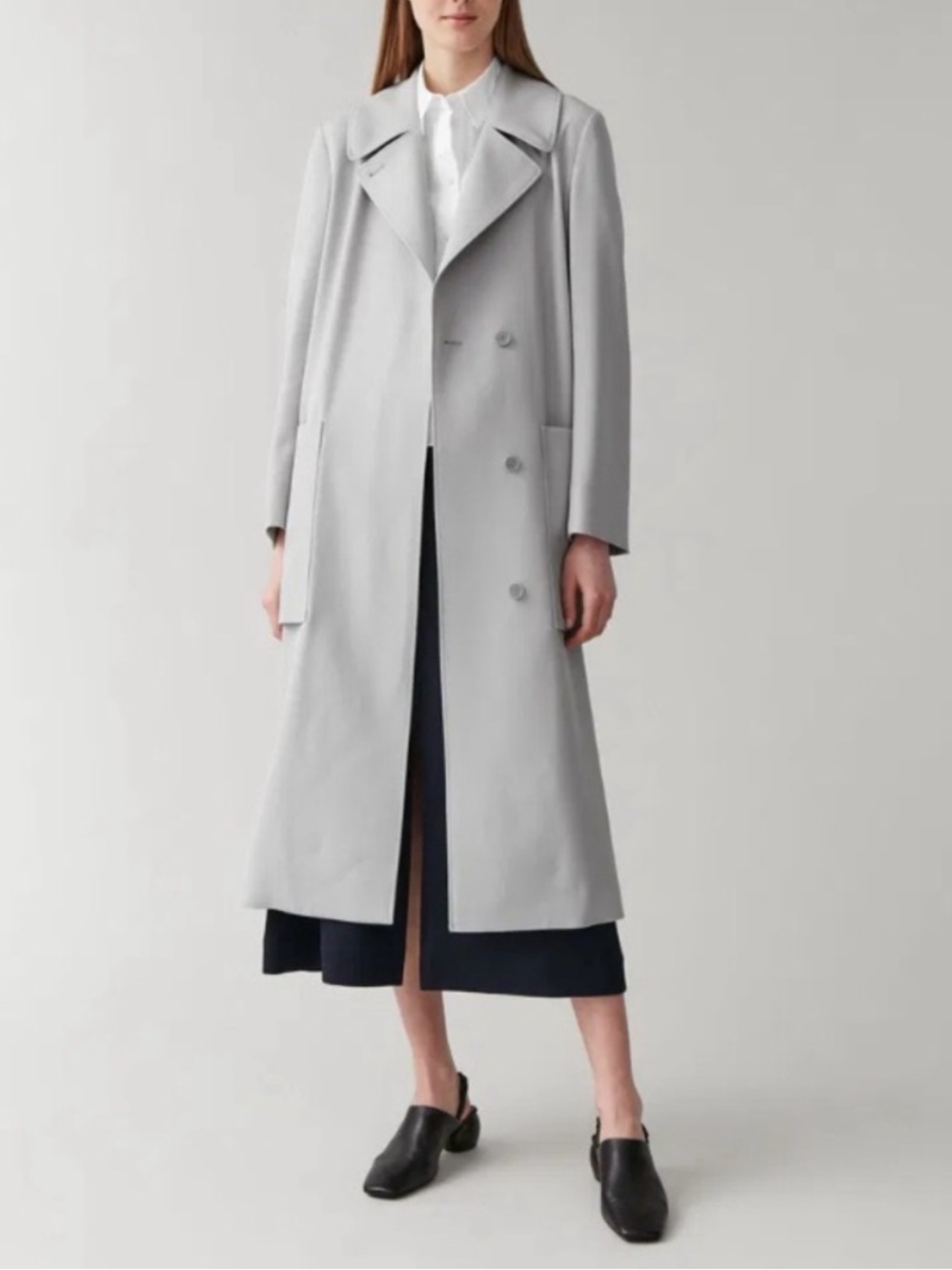 Cos Long Trench Coat Double Breasted Oversized Longline Jacket Wool Gray Size 2